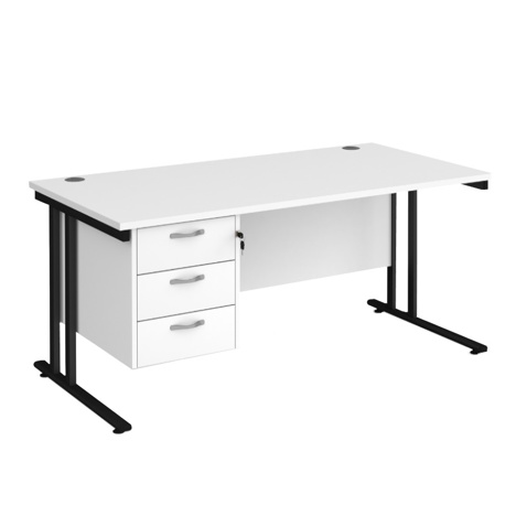 Straight Desk with Three Drawer Pedestal (Right) - 1600 - Black - White