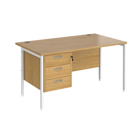 Straight Desk with Single Three Drawer Pedestal (Left Hand) - 1400 - H-Frame - White - Oak