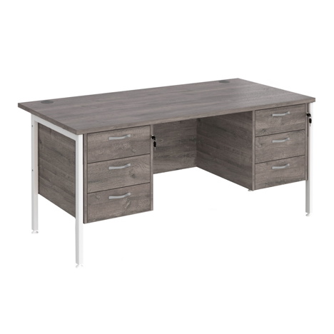 Straight Desk with Three & Three Drawer Pedestals - H-Frame - White - 1600 - Grey Oak