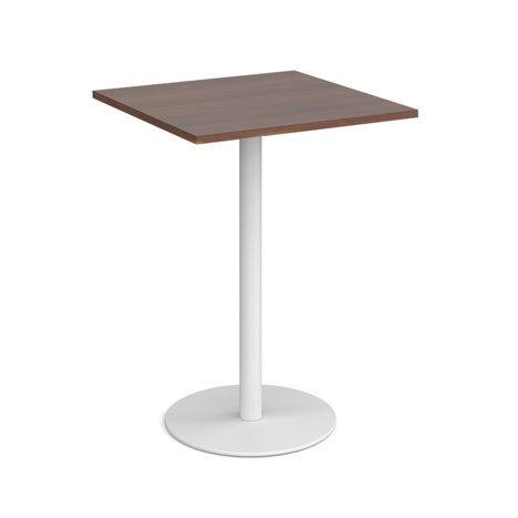 Monza Square Poseur Table with Flat Round Base - 800mm - White Base - Walnut