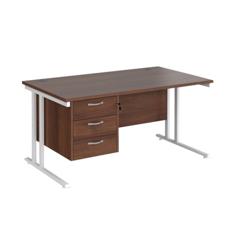 Straight Desk with Three Drawer Pedestal (Right) - 1400 - White - Walnut