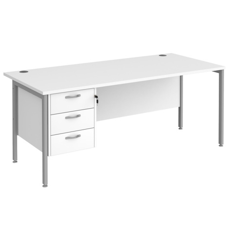 Straight Desk with Single Three Drawer Pedestal (Left Hand) - 1800 - H-Frame - Silver - White
