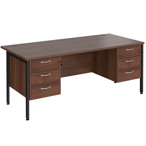 Straight Desk with Three & Three Drawer Pedestals - H-Frame - Black - 1800 - Walnut