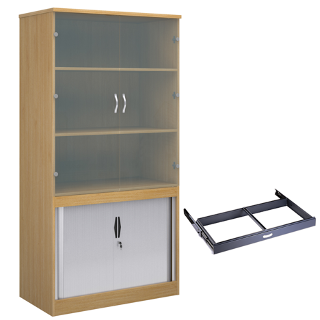 Combination Display Tambour - Glass Doors - 2000mm - With Roll Out Suspension Filing Frame - Oak