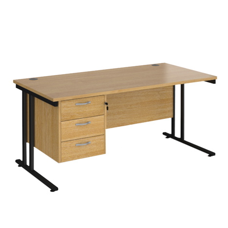 Straight Desk with Three Drawer Pedestal (Right) - 1600 - Black - Oak