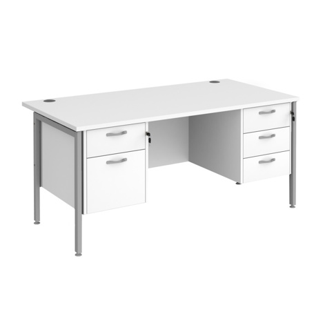 Straight Desk with Two & Three Drawer Pedestals - H-Frame - Silver - 1600 - White
