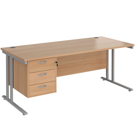 Straight Desk with Three Drawer Pedestal (Right) - 1800 - Silver - Beech
