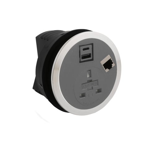 Port EI in Desk Power Module - Grey - Socket UK + RJ45 + USB