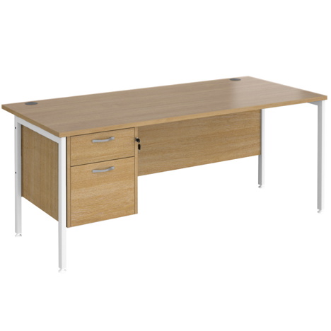 Straight Desk with Two Drawer Pedestals - H-Frame - White - 1800 - Oak