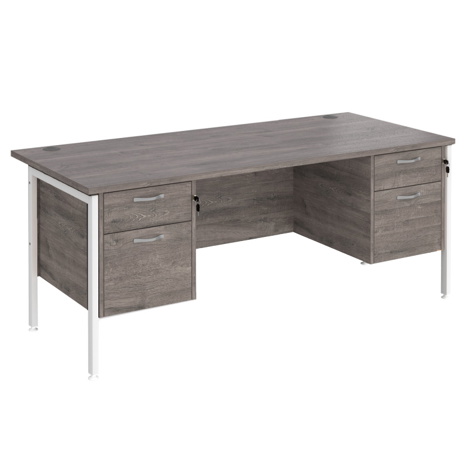 Straight Desk with Two & Two Drawer Pedestals - H-Frame - White - 1800 - Grey Oak