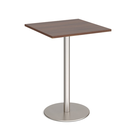 Monza Square Poseur Table with Flat Round Base - 800mm - Silver Base - Walnut
