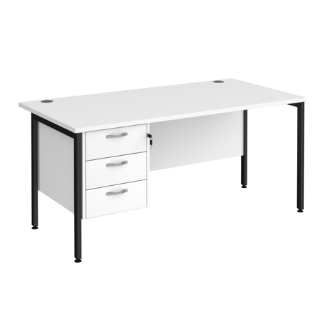 Straight Desk with Single Three Drawer Pedestal (Left Hand) - 1600 - H-Frame - Black - White