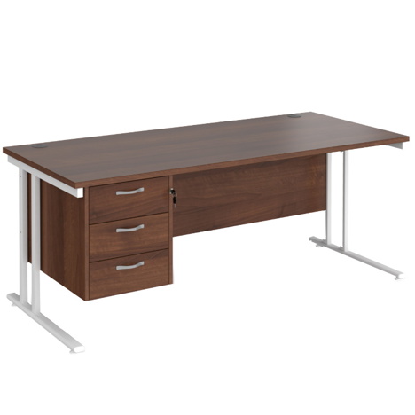 Straight Desk with Three Drawer Pedestal (Right) - 1800 - White - Walnut