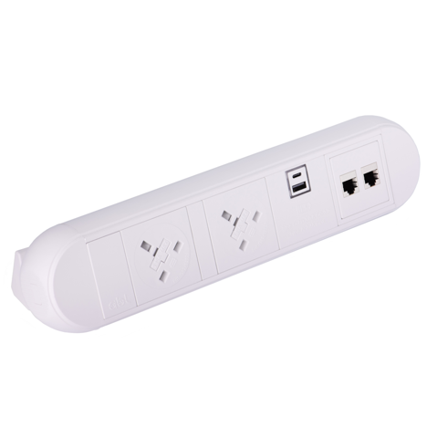 Chroma on Desk Power Module 1 x Switch, 2 x UK Sockets, 1 x USB A+C  2 x RJ45 Cat6A  - White