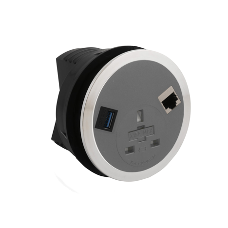 Port EI in Desk Power Module - Grey - Socket UK + RJ45 + HDMI