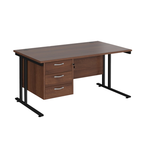 Straight Desk with Three Drawer Pedestal (Right) - 1400 - Black - Walnut
