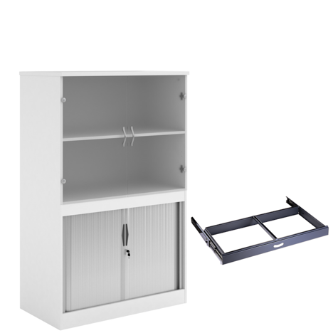 Combination Display Tambour - Glass Doors - 1600mm - With Roll Out Suspension Filing Frame - White