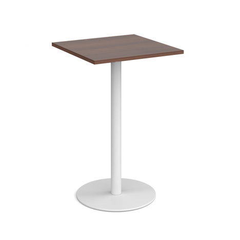 Monza Square Poseur Table with Flat Round Base - 700mm - White Base - Walnut
