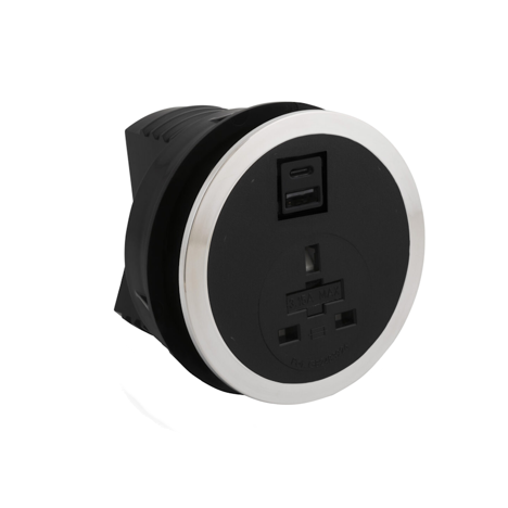 Port EI in Desk Power Module - Black - Socket UK + USB A+C Charger